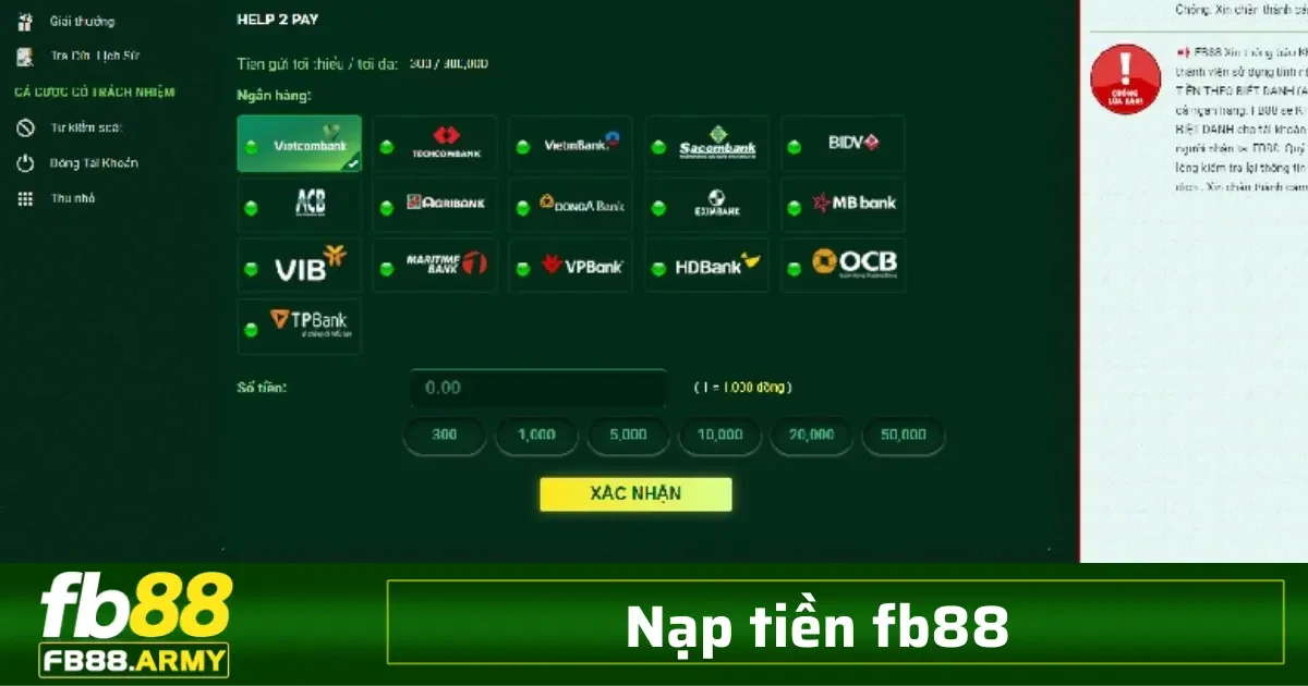 Nạp tiền FB88 3 Chuyển khoản ngân hàng là phương thức phù hợp để gửi khoản tiền lớn hoặc cho những người ưu tiên sự an toàn.